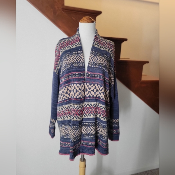 Chaps Womans Open Long Cardigan Blue Southwest Print Cotton Blend Sz Large - Picture 4 of 4